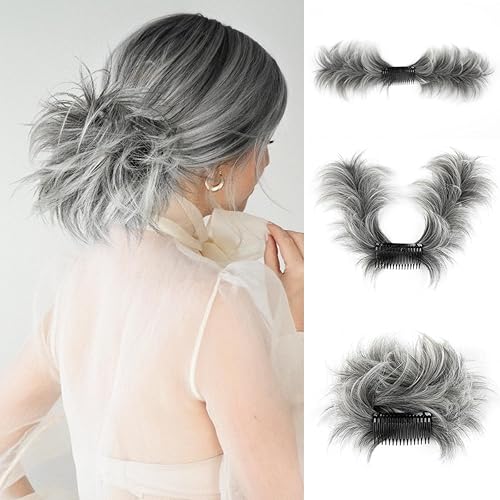 Miniatura 26 de Pieza de pelo de moño desordenado con peine lateral para mujer, clip en el moño de pelo para mujer, pelo corto natural liso, estilos ajustables Sal