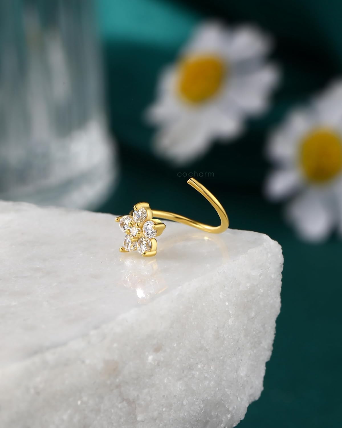 COCHARM 14K Gold Plated 925 Sterling Silver Nose Ring Hoop 20g Dainty Flower Nose Rings for Women Gold Cute Nose Piercing Jewelry Sterling Silver Nostril Hoop