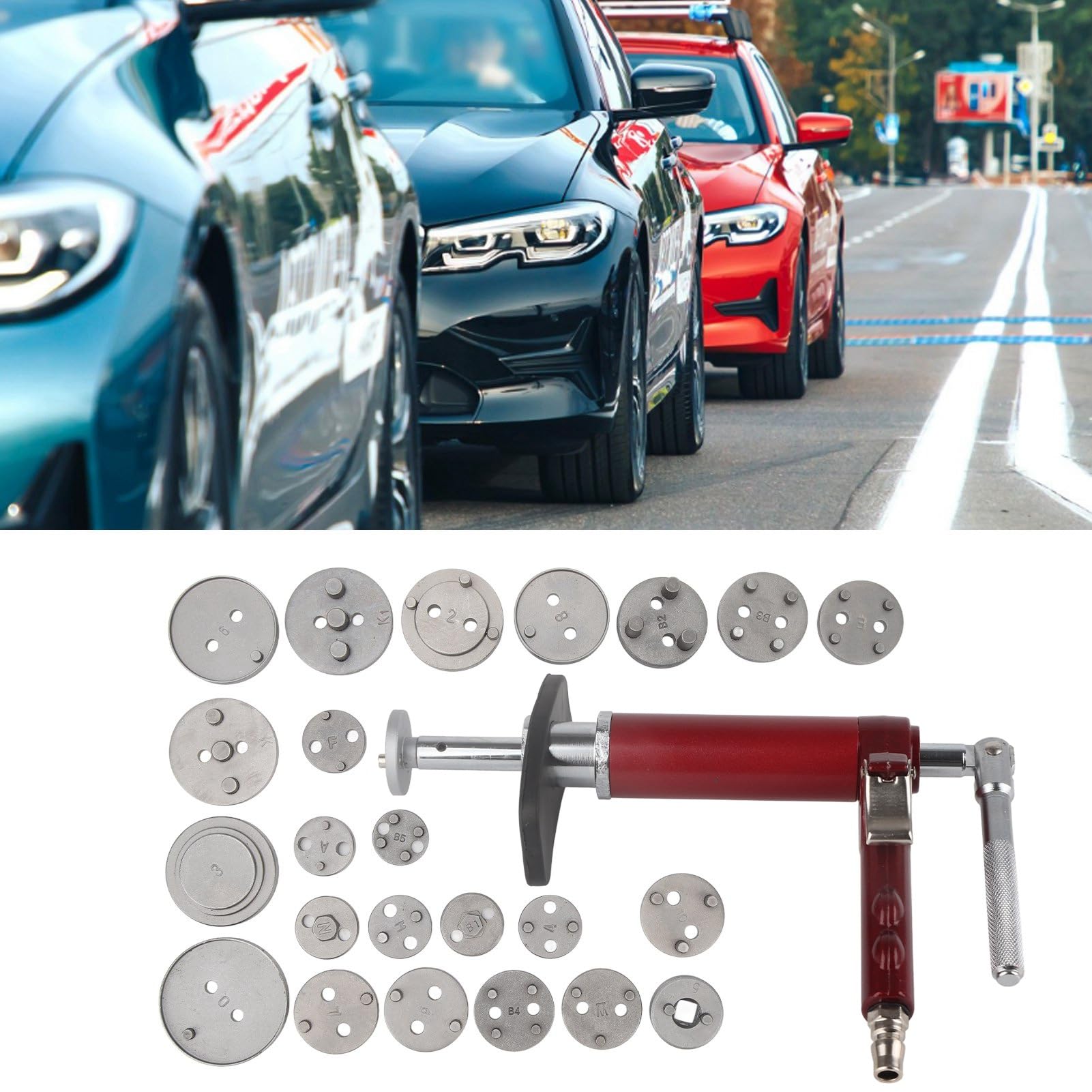 Kit de herramientas de retroceso de pistón de freno de 24 piezas, 45 acero 118 psi, herramienta de rebobinado de compresión de pistón de freno universal, pinza de freno neumática