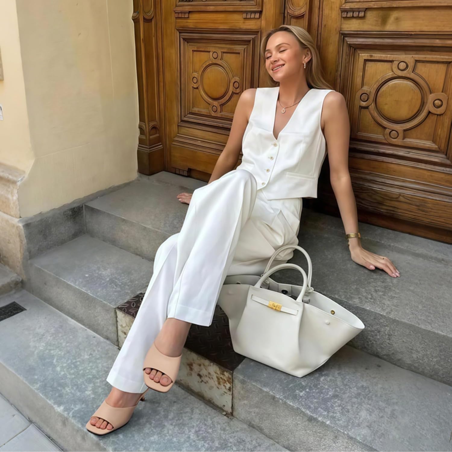 FITORY Womens Kitten Heel Sandals, Square Open Toe Slides with Elastic Strap, Slip-on Dressy Shoes for Daily and Vacation Size 6-11 - Image 2