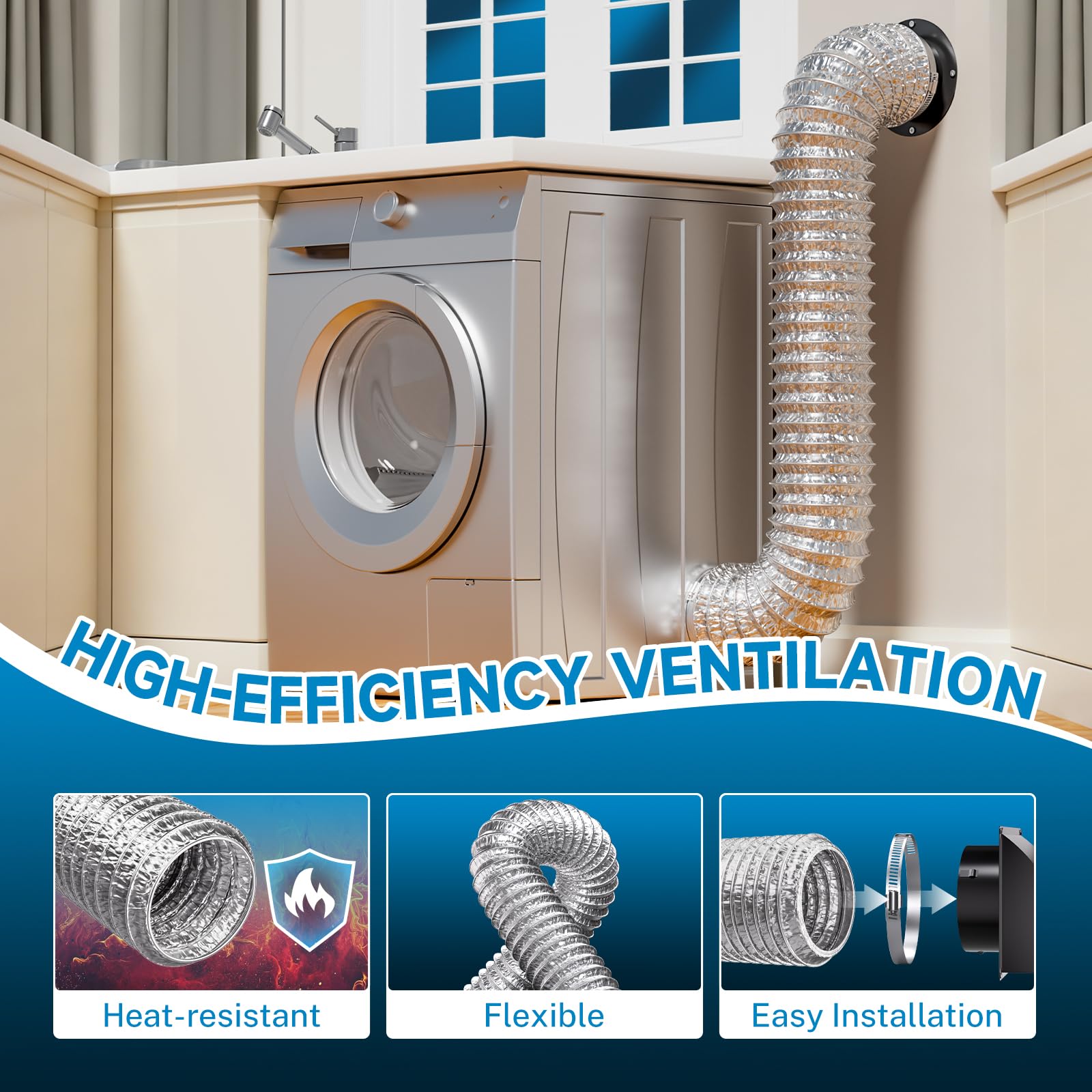 Hon&Guan Ø 125mm X 5m Manguera Flexible de Ventilación de Aluminio Tubo Salida Aire, Tubo Flexible de Salida de Aire con 2 Abrazaderas Acero para Aire Acondicionado, Campana Extractora, Plata