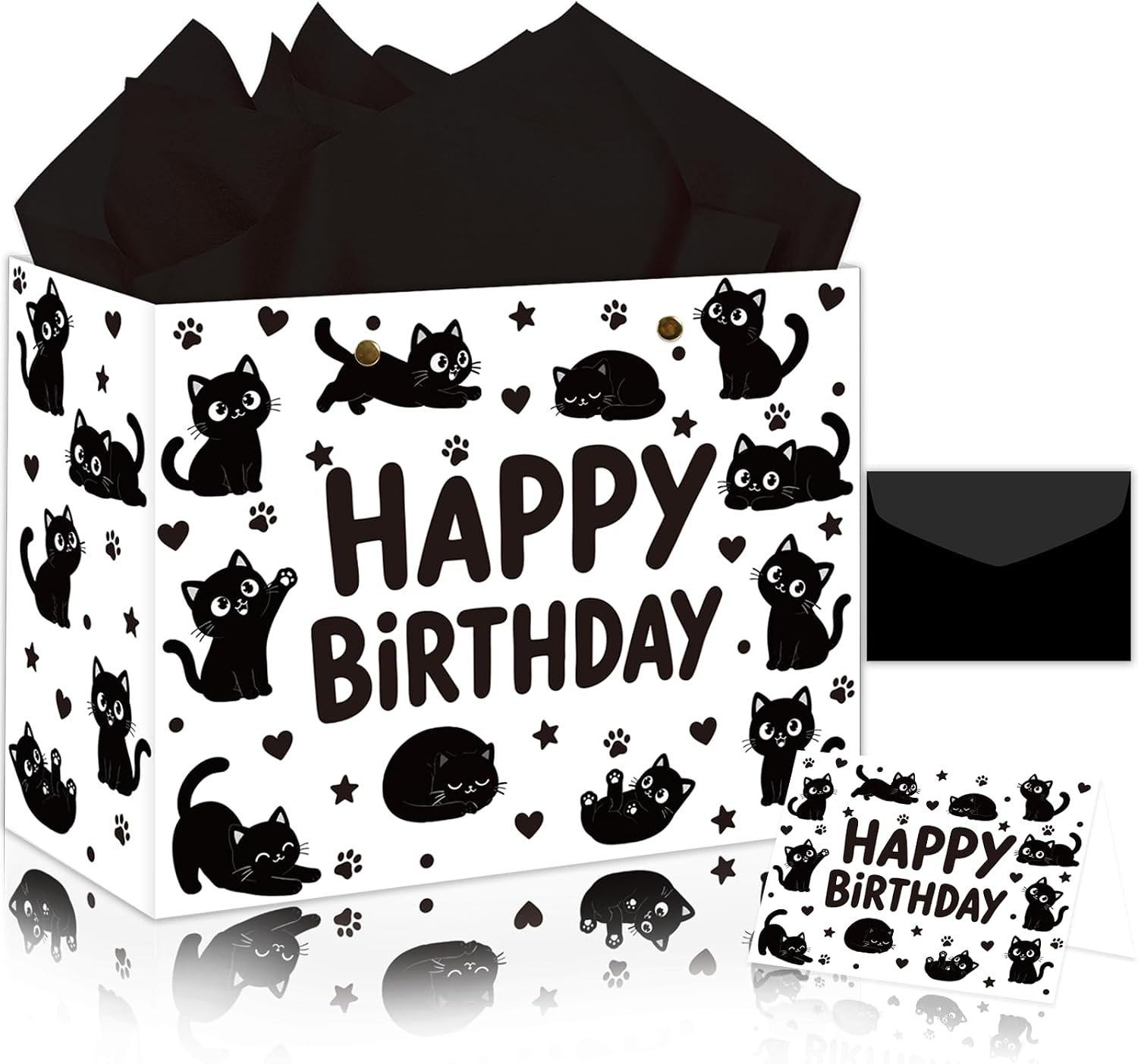 Black Cat Birthday Gift Bag - 13" Large Cute Kitten Gift Wrapping Paper Bag with Tissue Paper Greeting Card & Envelope, Funny Birthday Decor for Kids Cat Lovers, Halloween Party Favor Supplies