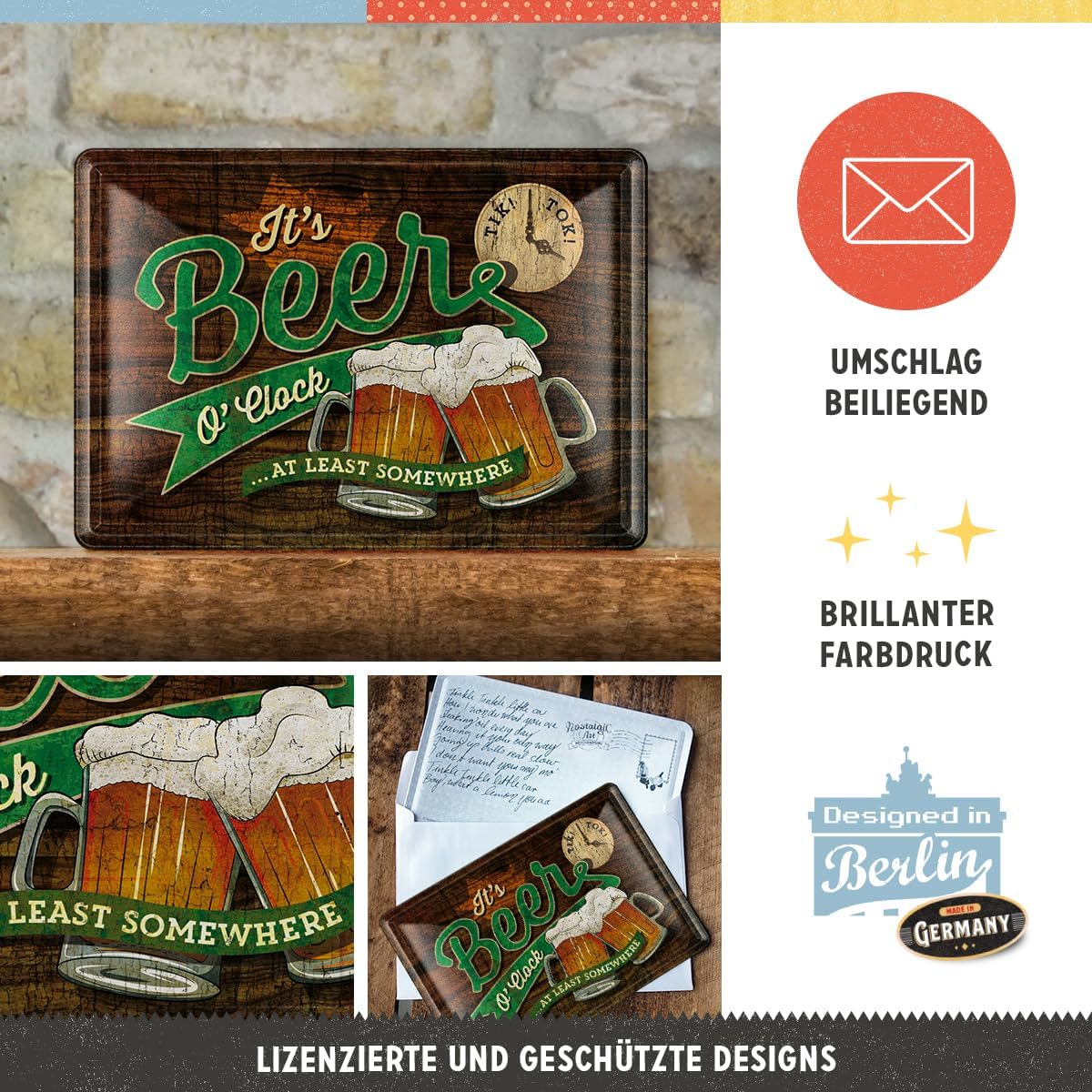 Nostalgic-Art, Retro Greeting Card Beer O' Clock Glasses - Gift Idea for Beer Fans Tin Postcard Mini Tin Sign Vintage Design 10x14cm