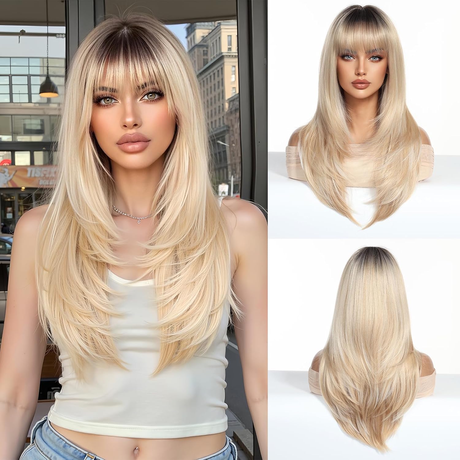 Blonde Wigs 24Inch Human Hair Long Straight with Bangs for Women Layered Lightweight Ombre Dark Roots Natural Looking Party