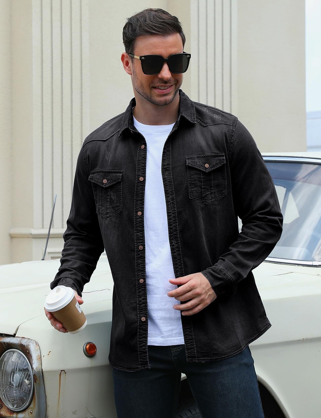 Camicia jeans uomo vestibilità classica maniche lunghe bottoni per lavoro
