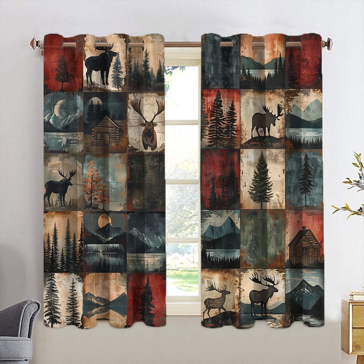 Rustic Outdoor Blackout Curtains for Kid Girls Boys Bedroom Moose Deer Bear Farmhouse Patchwork Thermal Insulated Darkening Grommet Window Drapes for Bedroom Living Room, W42xL63 Inch