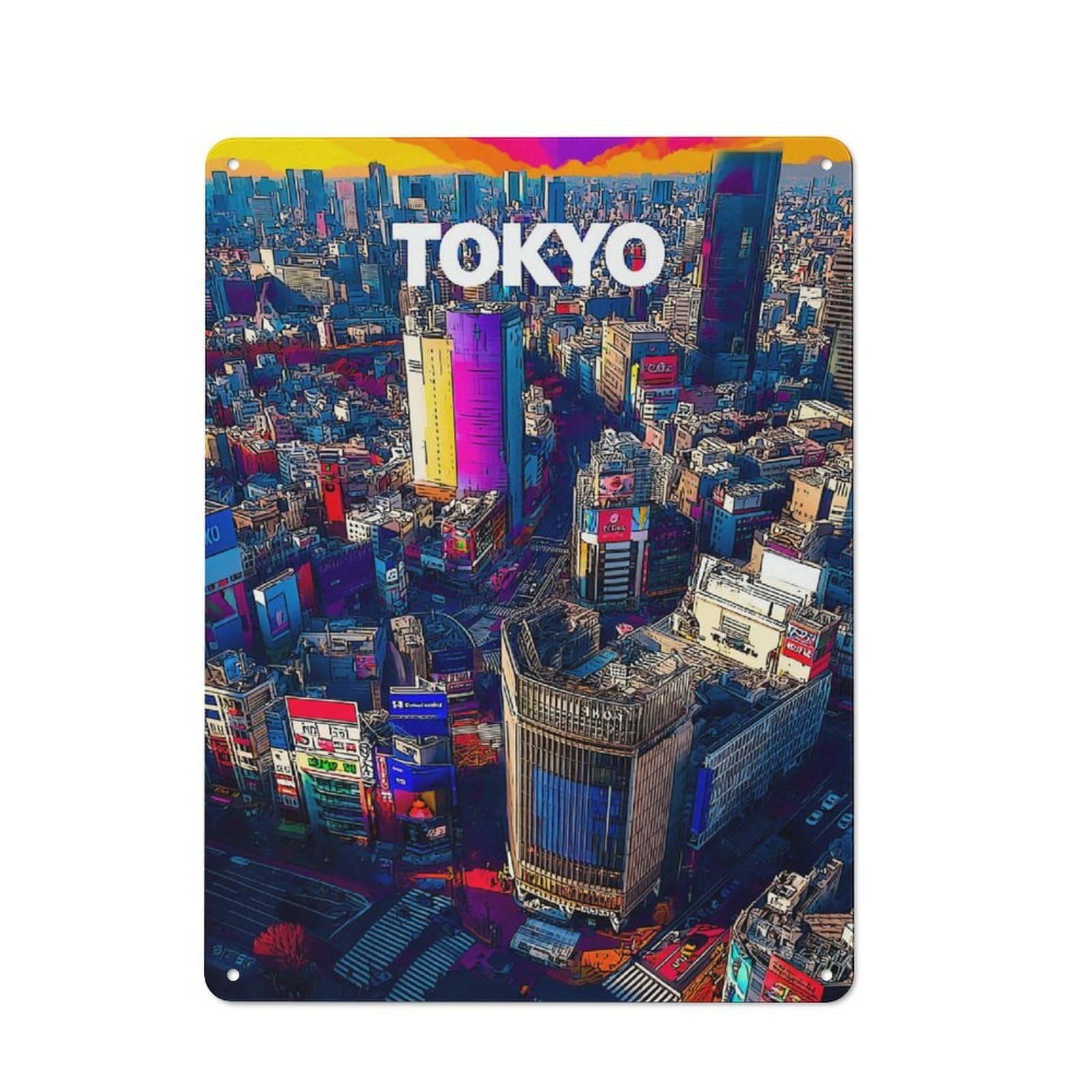 Junmoney Tokyo City Of Lights And Colors Decorative Tin Sign With Design 40X30cm, Farmhouse Cottage Wall Art For Farmhouse Kitchen, Pantry Or Dining Area