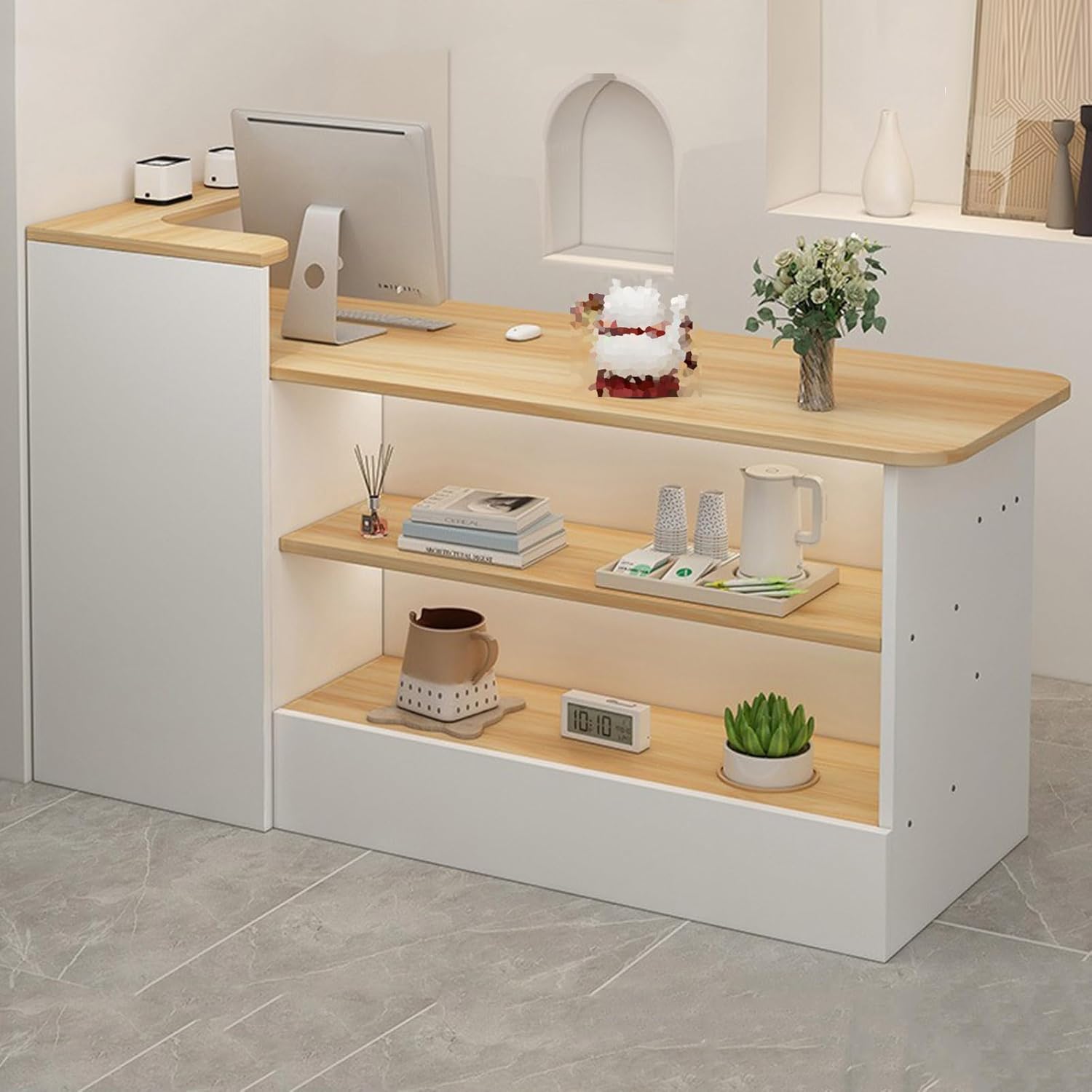 Modern Retail Reception Desk Front Counter Desk Transaction Counter with Display Shelf & Drawers, L-shap Checkout Counter Wooden Welcome Desk Computer Desk ,for Lobby, Store, Office, Beauty Salon