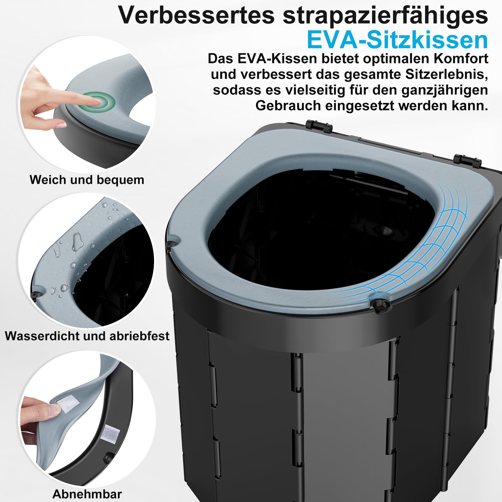 WADEO Tragbare Camping- und Autotoilette mit komfortablem EVA-Sitz, Klapptoilette für Erwachsene (Männer und Frauen), Hygieneeimer mit integriertem Deckel, Papierhalter, Handyablage und 20 Beutel