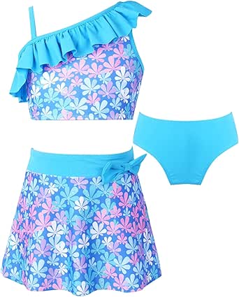 YONGHS Girls 4 Pieces Swimsuits Rash Guard Swim Set Shirt Crop Top Briefs Shorts Swimwear Bathing Suit Lake Green 16