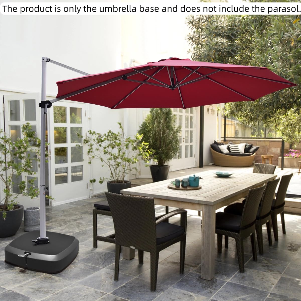 KOMFOTTEU Stojak na parasol z kółkami, stojak na parasol, obciążenie 100-150 kg, wypełnienie wodą i piaskiem, podstawa parasola, 89 x 89 x 20 cm, czarna, do ogrodu, na taras, podwórze