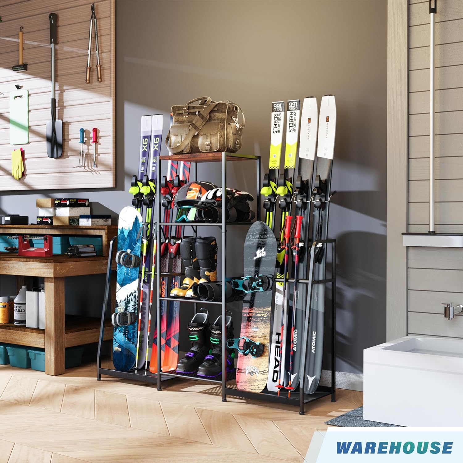 Skiständer, Freistehende Skihalter für die Garage, Stahl-Bodenständer Ski-Organizer für 4 Paar Ski, 3 Snowboards, Stiefel, Stöcke, Brillen, Helme, für Schuppen oder Keller(Beidseitiger Stil)
