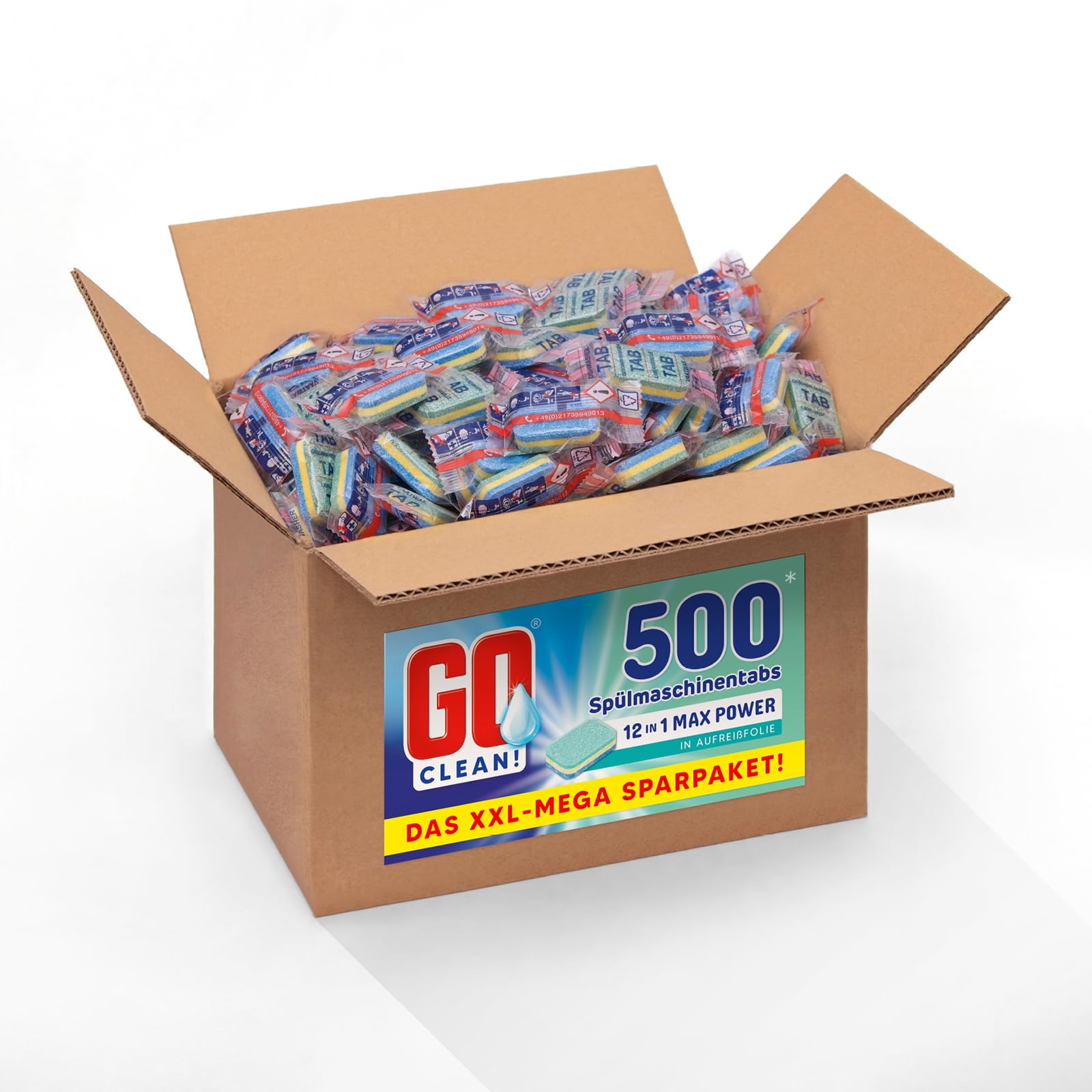 GO clean! Spülmaschinentabs Multi 12-in-1 MAX POWER– 10 kg ca. 500 Stück, 20g, XXL-Sparpaket in Aufreißfolie mit starker Reinigungskraft gegen Schmutz und Fett