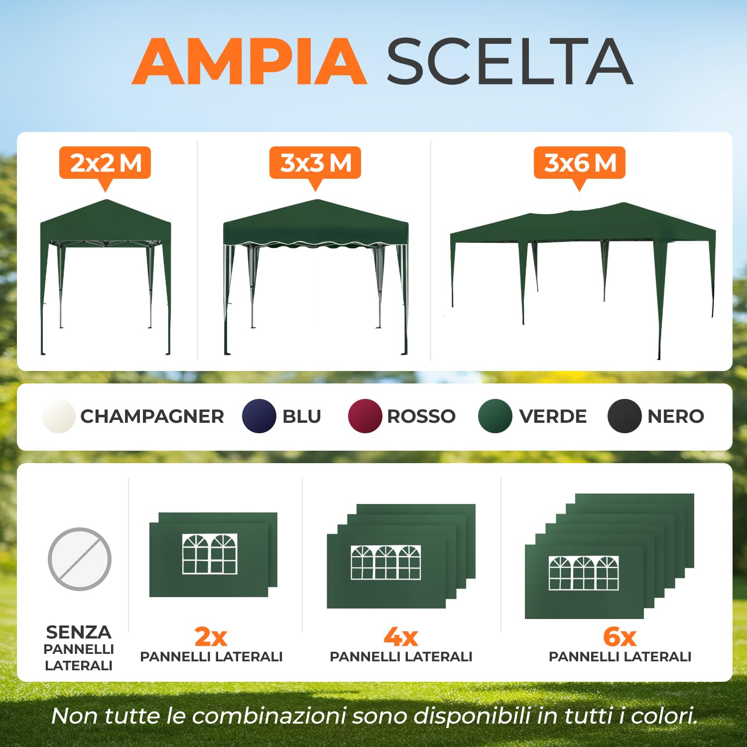 Kronenburg Gazebo Pieghevole 100% Impermeabile, Tenda da Giardino, 3 x 3 m o 3 x 6 m – con Protezione UV 50+, Colore e Lati a Scelta