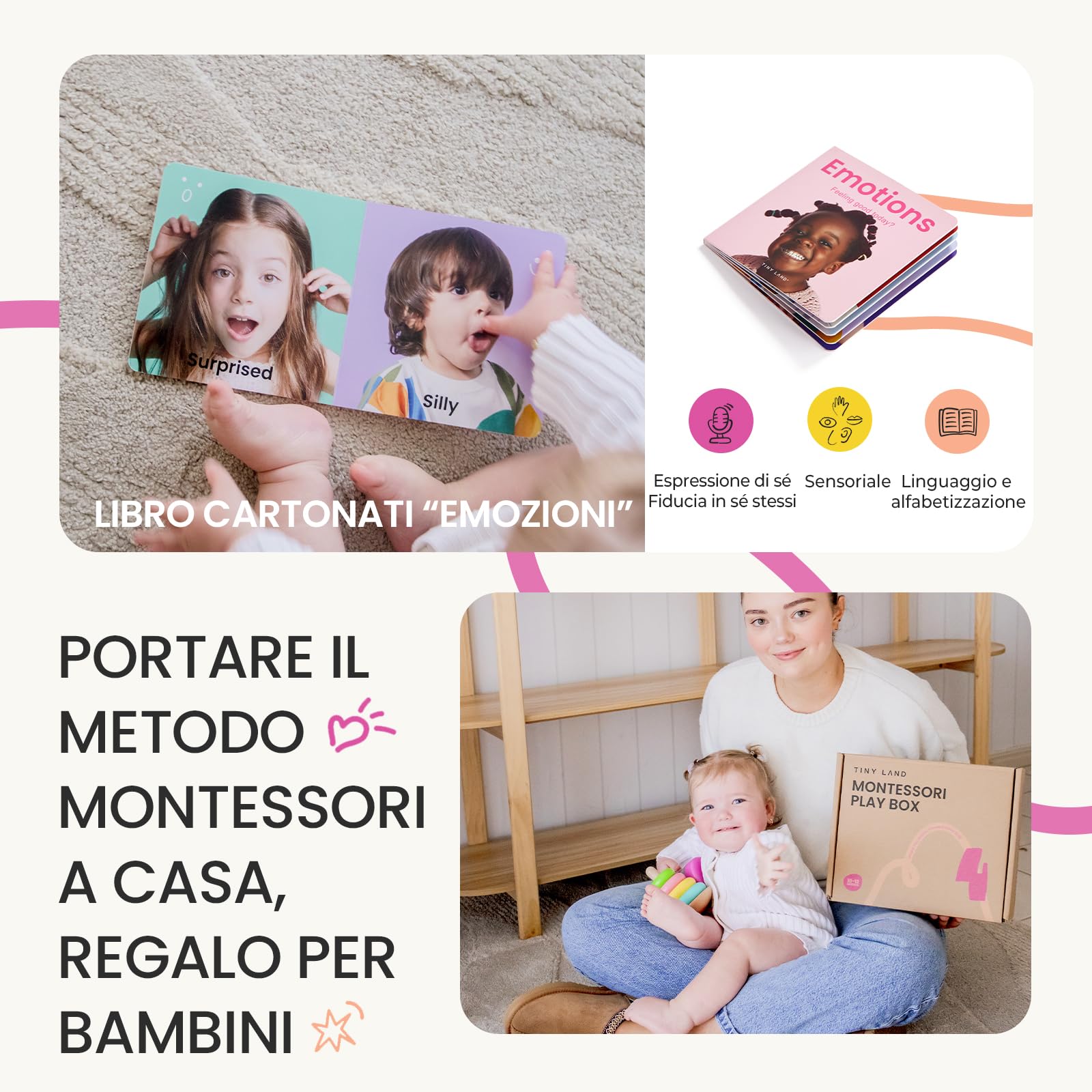 Tiny Land Set di Giocattoli Montessori 5 in 1 per Bimbi di 10-12 Mesi | Giocattoli Educativi di Legno con Impilatore Oscillante, Divisore di Uova, Set di Scatole e Borsa Arrugata