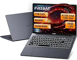 Laptop de 15,6 polegadas, teclado retroiluminado, SSD de 1 TB de 16 GB RAM, quad-core N150 3,6 GHz, webcam, notebook portátil IPS FHD para estudantes/faculdade/universidade/escola/negócios