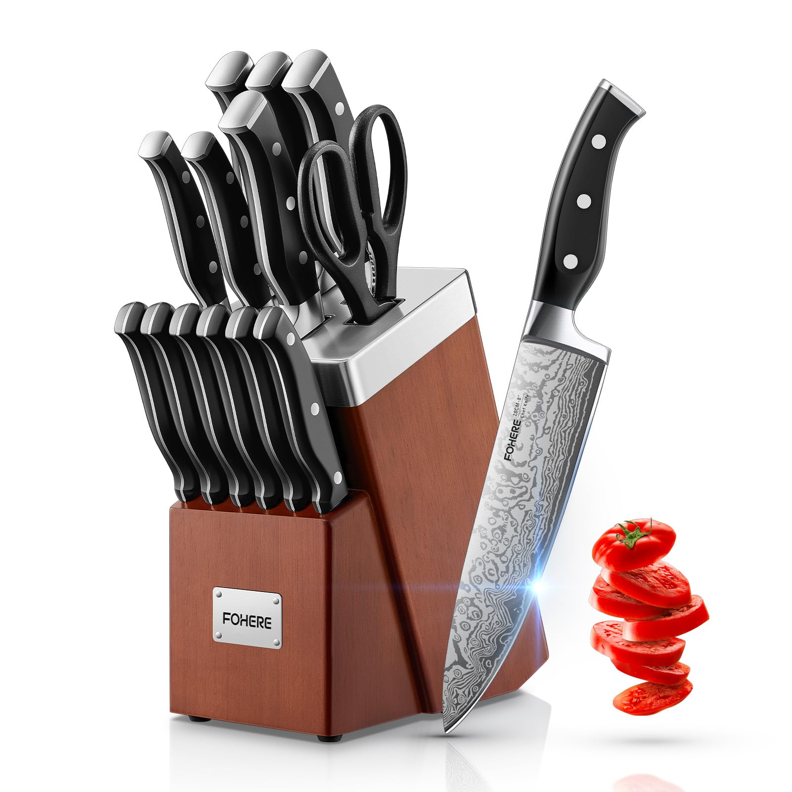 Knife Set FOHERE 14 Pieces Self Sharpening Knife Block Set Waved Pattern High Carbon Stainless Steel Knife Set