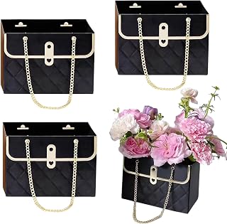 Jemattely Flower Paper Gift Box,Waterproof Bouquet Storage Bucket Florist Handbag with Metal Chain Flower Boxes for Wedding Mother's Day Birthday Bridal Etc Shower Gift Wrap Craft-Black 4 Pcs