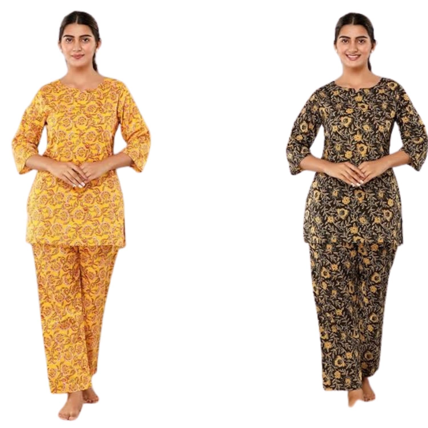 Women Printed Western Wear 02 Kurta, 02 Pants Cotton KCC255 Yellow Mahndi 4 Night Suit Set-image-41