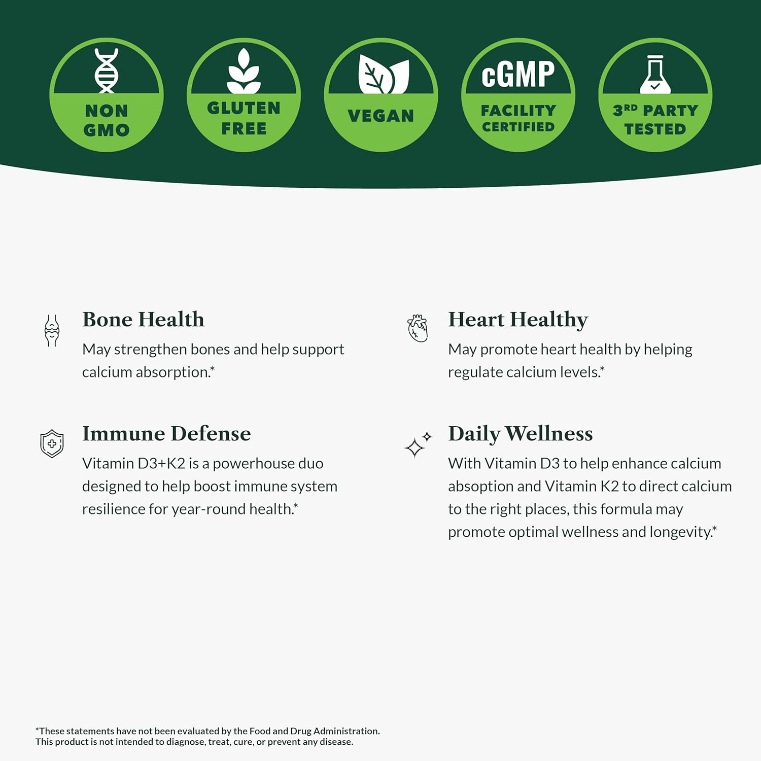 Greens First Vitamins D3+K2 - Support for Heart, Bone, Vascular and Immune Health - Made with Vitamin D3 & Vitamin K2-60 Vegetable Capsules