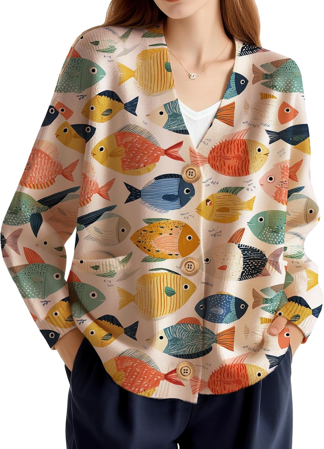 Women's Floral Long Sleeve Cardigan Sweater Cute Daisy Y2K V Neck Open Front Button Down Knit Cardigan Coats