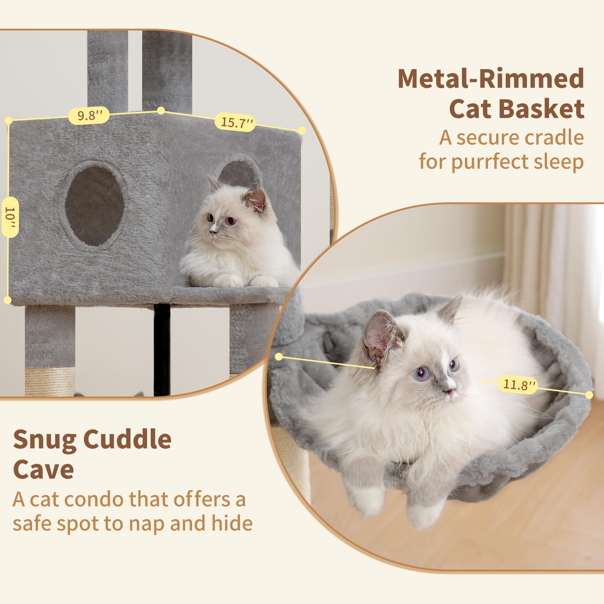 Heybly Árbol para Gatos de 115 cm, Torre para Gatos con Plataforma Grande, Cesta Colgante y Cueva, Postes Rascadores de Sisal, Pelotas Colgantes y Cojines Desmontables, Gris Claro HCT202SW