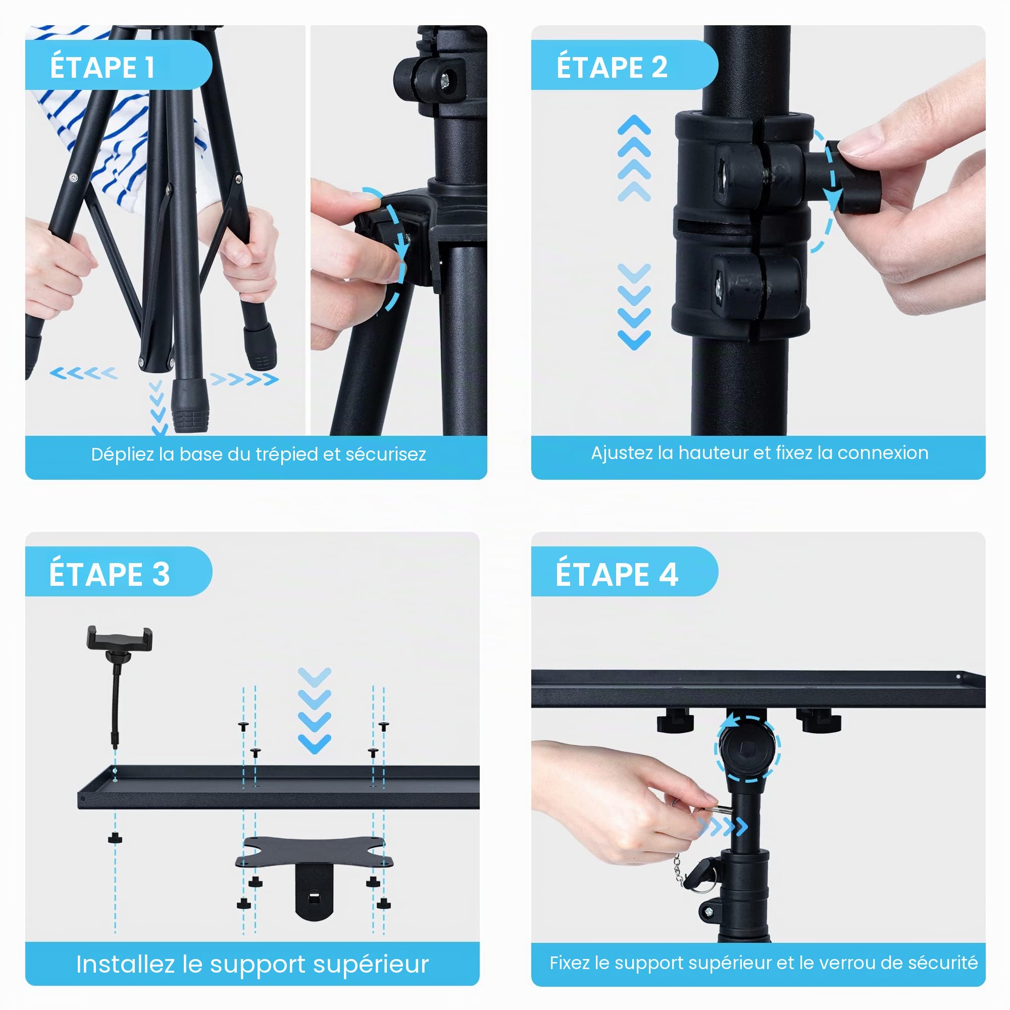 Trépied pour projecteur de 59,7 cm à 118,1 cm, trépied pour ordinateur portable réglable en hauteur avec support de téléphone en col de cygne, support de sol pour ordinateur portable pour