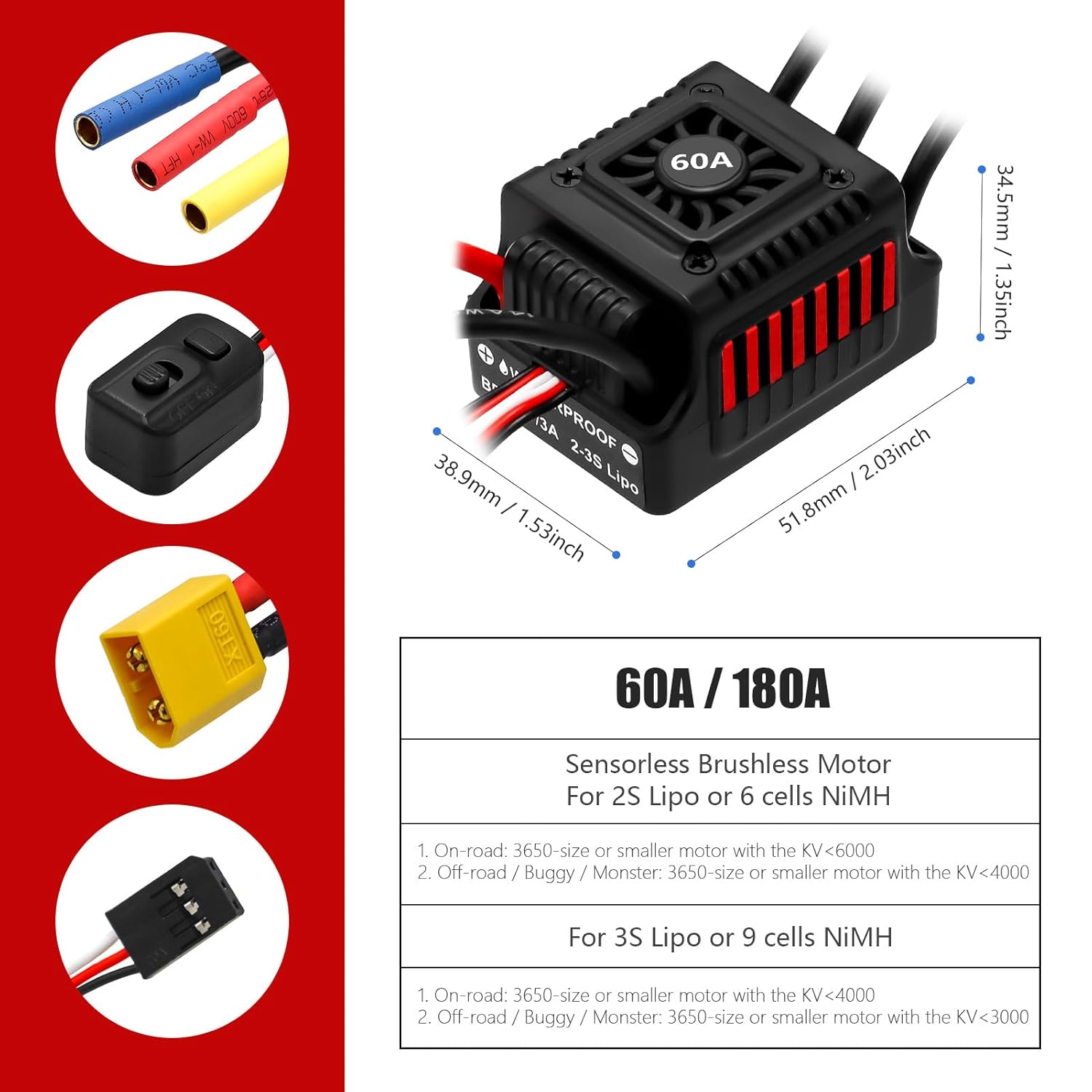 Hobby Fans Upgraded 60A Brushless ESC 2-3S Electronic Speed Controller with Programming Card Waterproof ESC for 1/10 Remote Control Car Truck
