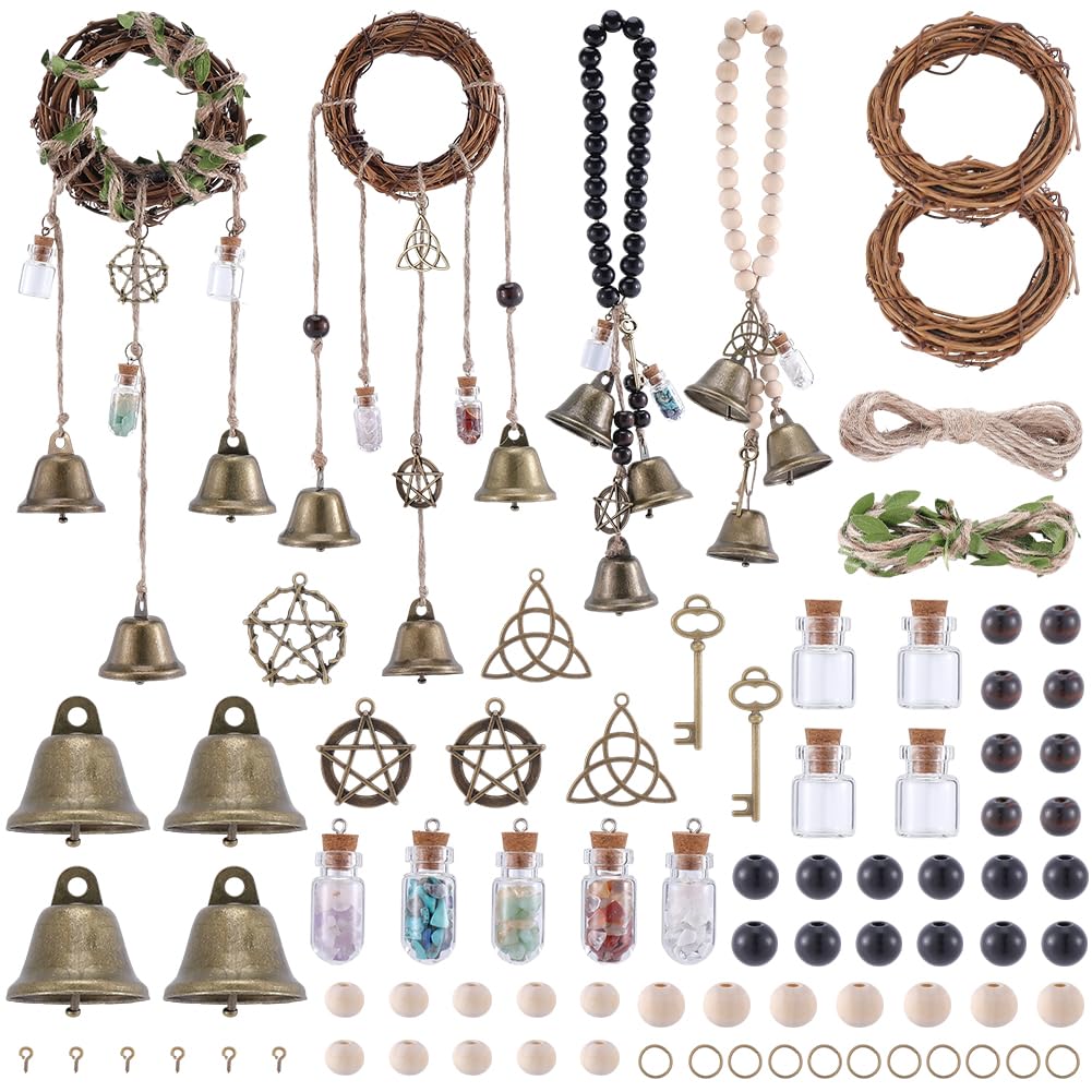 SUNNYCLUE 1 Box DIY 4 Sets Witch Door Kit Witches Bells Diy Kits Beaded Vintage Tibetaben Magic Keys Stars Charms Wood Beads Hanging Bells for Door Home Room Protection Making Witchercrafts Supplies