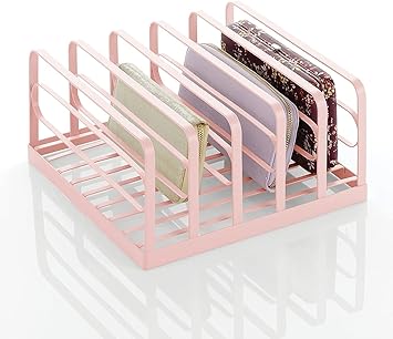 INDIAN DECOR 12692 Metal Divided Stackable Purse Organizer for Closets, Shelves - Closet Shelf Storage Solution for Purses, Clutches, Wallets, Accessories - 5 Sections, 2 Pack - Pink
