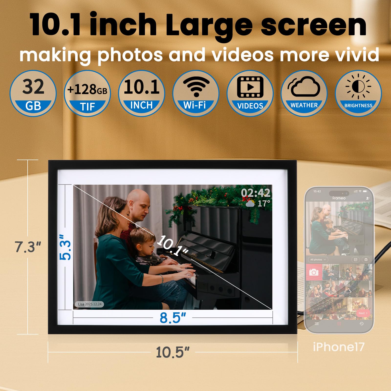 Cornice digitale, WiFi, archiviazione cloud illimitata, touch screen HD da 10,1 pollici, aggiorna le foto tramite telefono o SD SD SD Sard, grande memoria 32G per migliaia di foto, per genitori