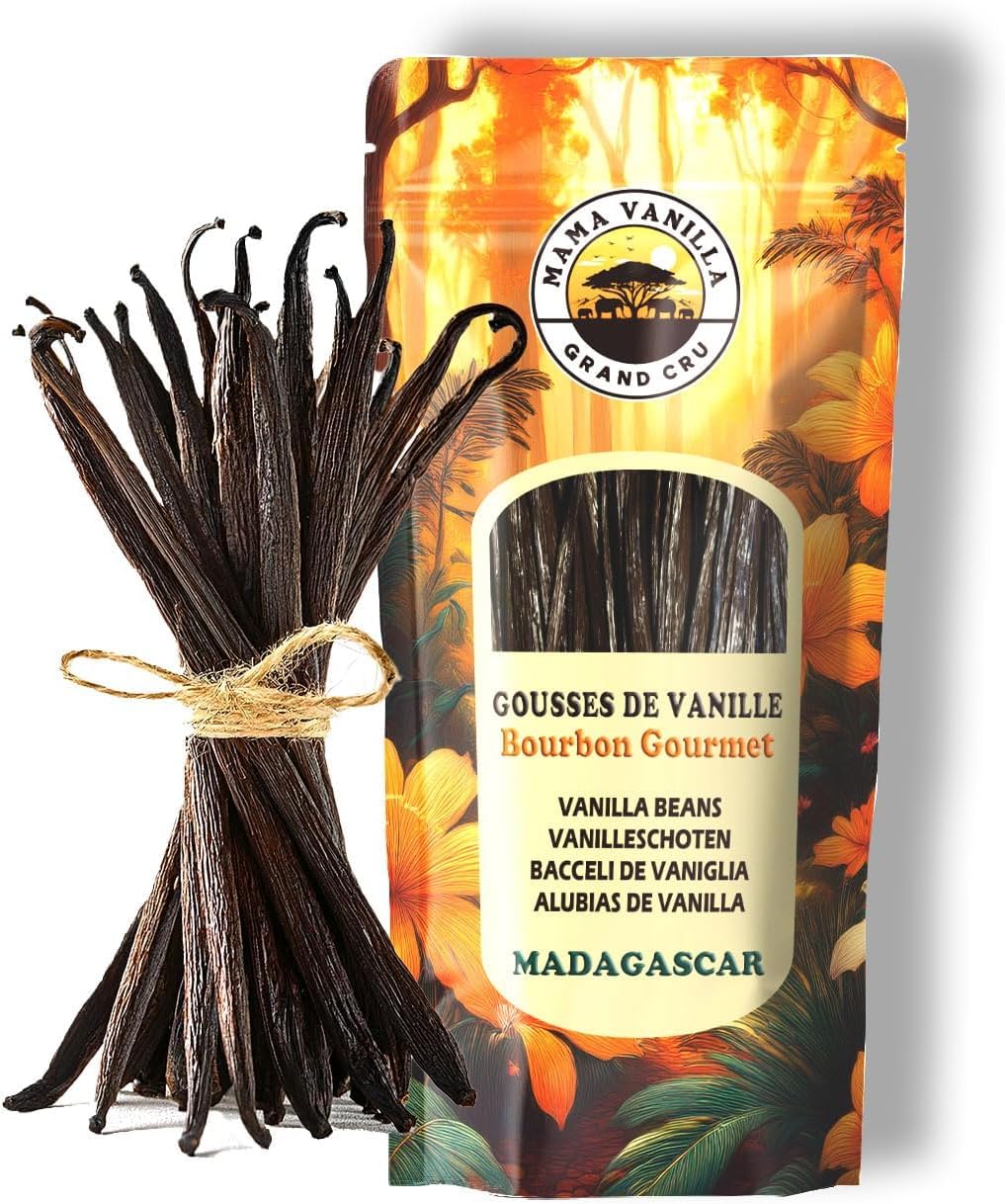 5 vainas de vainilla BOURBON GOURMET de Madagascar - Vainas frescas de larga conservación, bolsa de frescura resellable sin aromas artificiales de la vendimia 2024, tamaño 14/16 cm