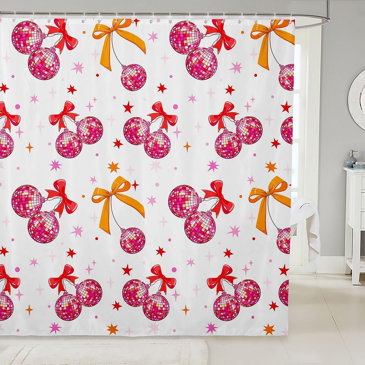 jejeloiu Kids Disco Mirror Ball Shower Curtain 72"x84" Pink Red Bow Bathroom Shower Curtain Set for Boys Girls Adults Funky Cute Kids Bathroom Accessories