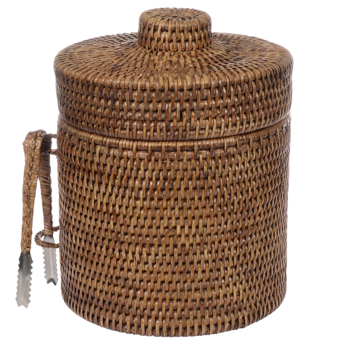 Seau à glace/seau à glace, avec couvercle et pince, en plastique et rotin tressé, Ø 20 x H 25 cm/2,5 l, pour bouteilles et glaçons, FL99434-AB