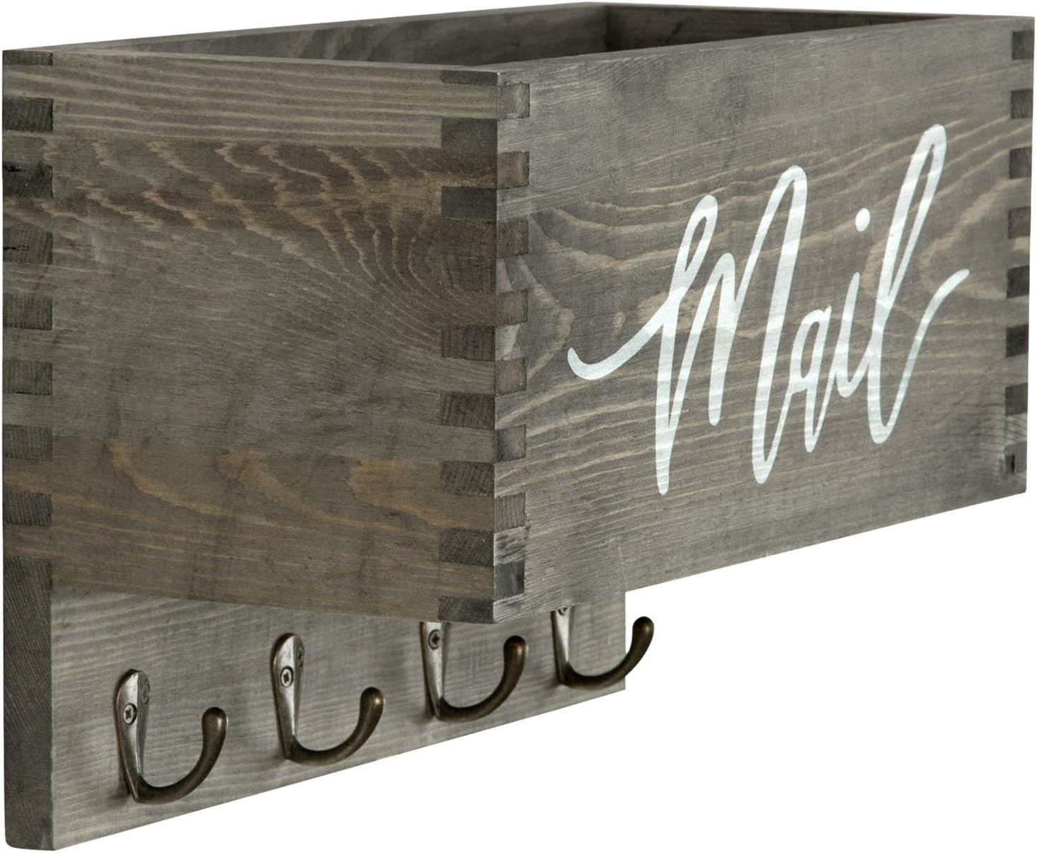 MyGift Wall Mounted Wood Key Rack and Mail Holder Organizer in Vintage Gray Finish with Cursive Mail Design, Entryway Bills and Letter Sorter Storage Box with 4 Hooks