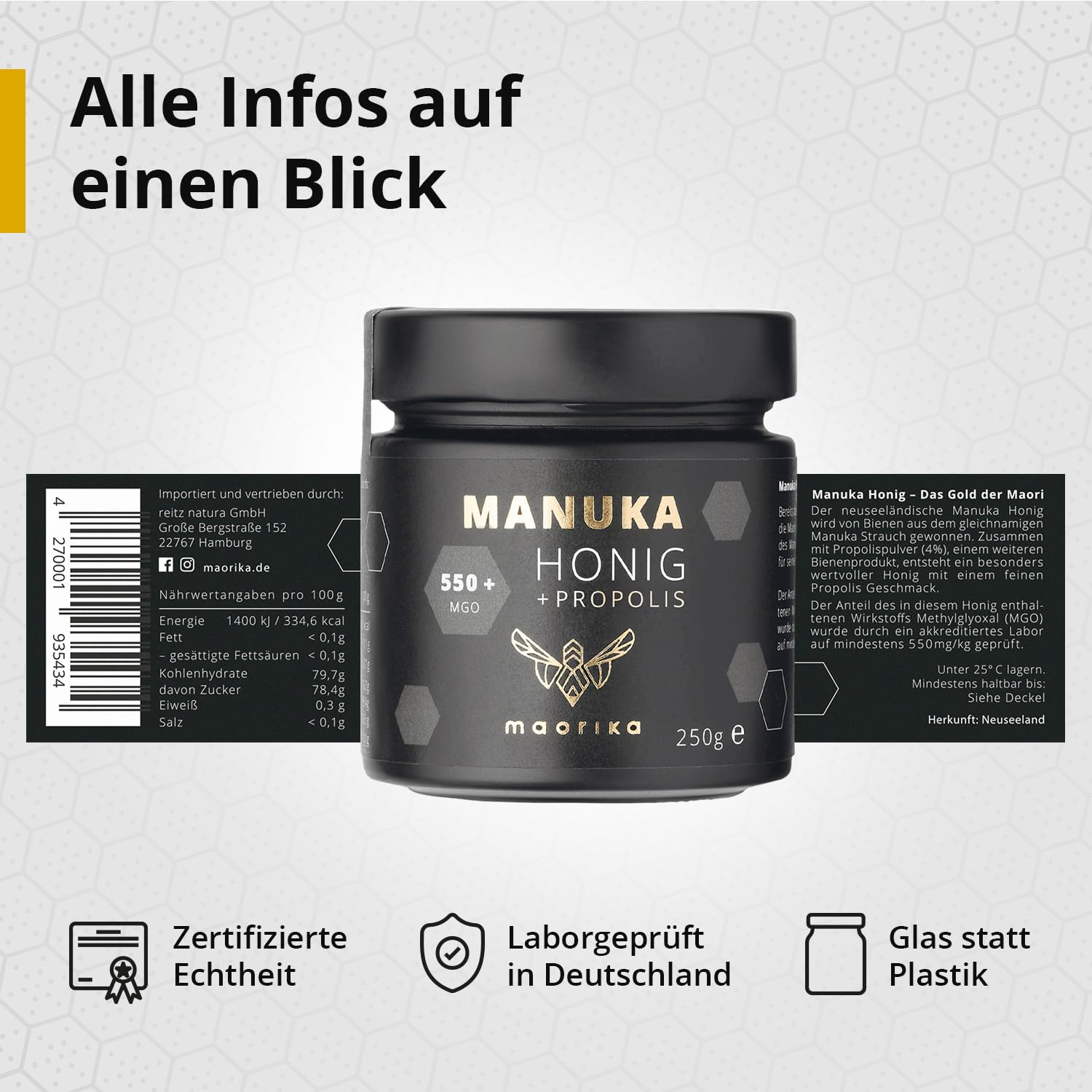 maorika - Manuka Honig 550 MGO im Glas (lichtundurchlässig) - laborgeprüft, zertifiziert aus Neuseeland (Manuka Honig mit Propolis)