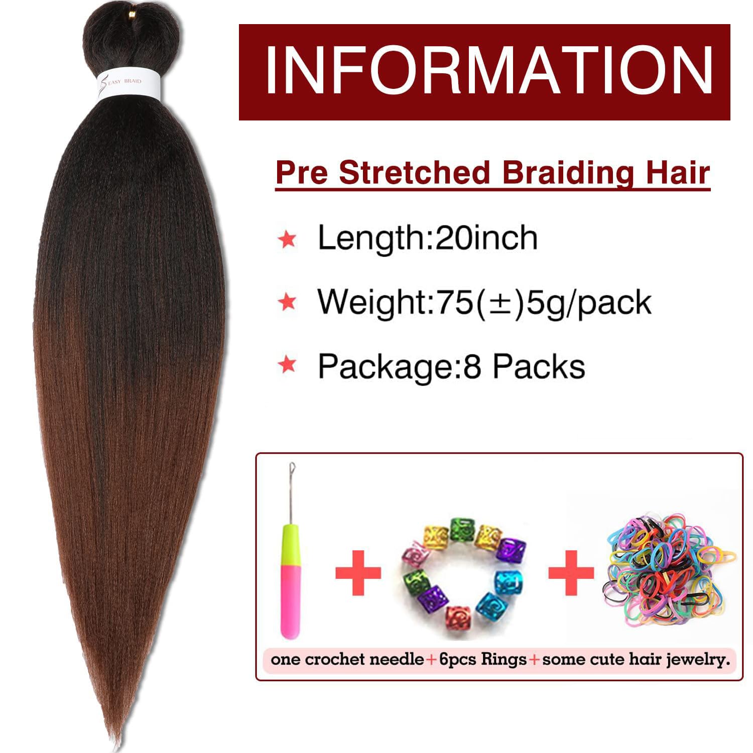Pre-Stretched Braiding Hair Extension Ombre Natural Black To Brown Crochet Braiding Hair 20 Inch 8 Packs Hot Water Setting Professional Yaki Synthetic Hair For Twist Braids (20Inch,#1B/30)
