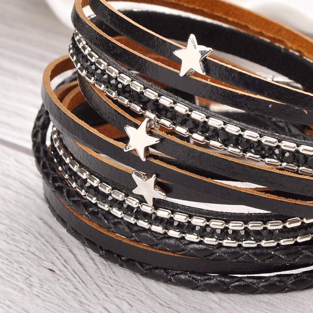 Lederarmband für Frauen, mehrschichtige Vintage Lederarmband Schwarz Bohemian Leder Surround Stars verschönerte Magnetschnalle Damen Mode Armband Personalisierte Kleidung Accessoires Schmuck Schmuck