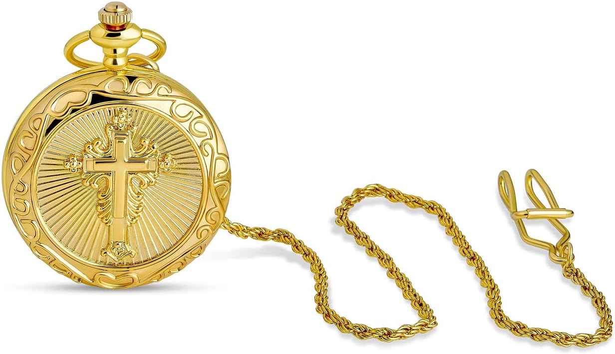 Personalize It Mens Traditional Vintage Style Christian Catholic Religious Cross Pocket Watch For Men Roman Numeral White Skeleton Dial With Long Pocket Chain Polish Shiny Gold Plated With Rope Chain