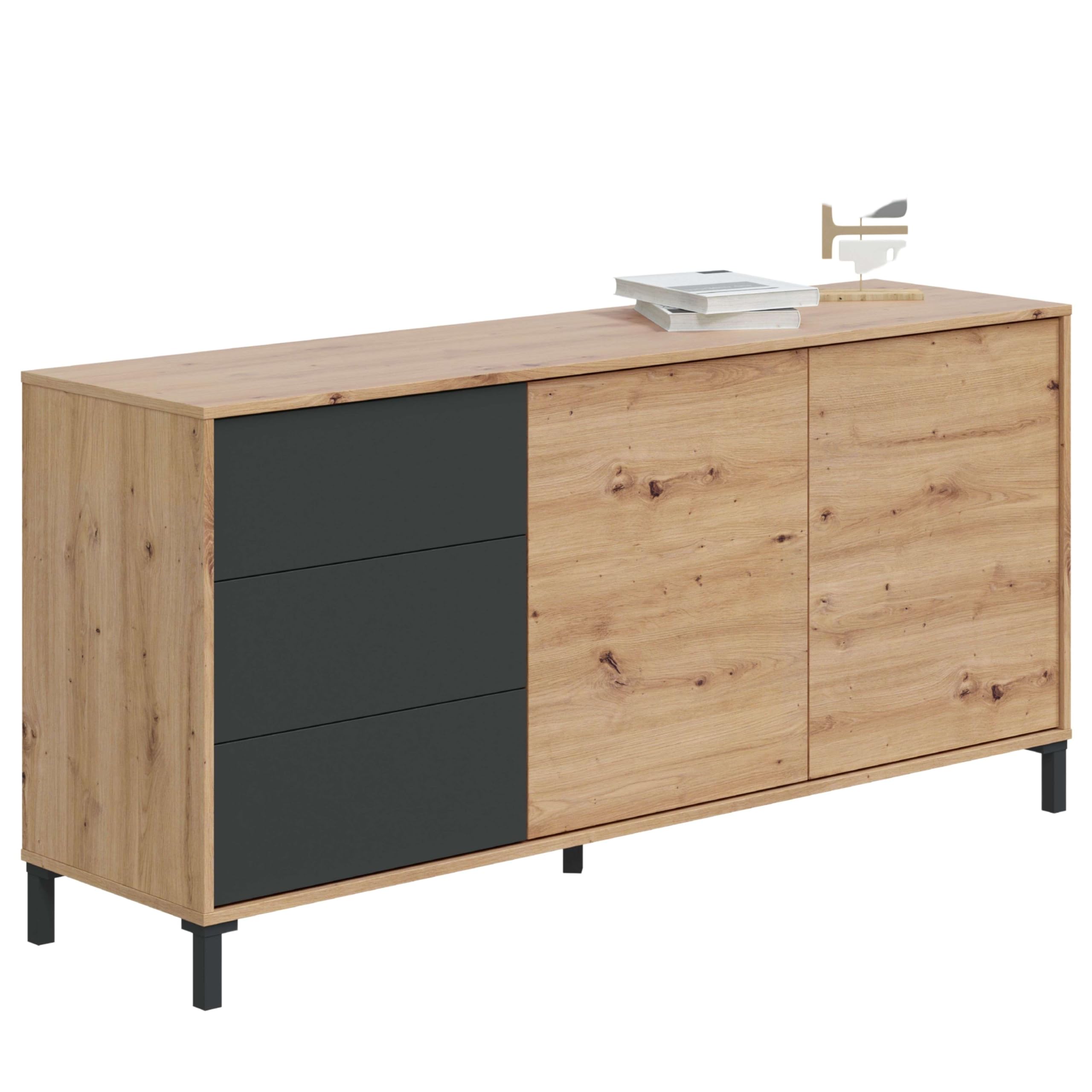 Habitdesign Eiche Nodi Und Anthrazitgrau Modernes Sideboard Mit 2 Türen Und 3 Schubladen – Buffet & Beistellschrank Für Wohnzimmer Oder Esszimmer In Eiche Nodi & Anthrazit, Maße: 154 X 74 X 41 Cm (B X H X T), Modell Brooklyn