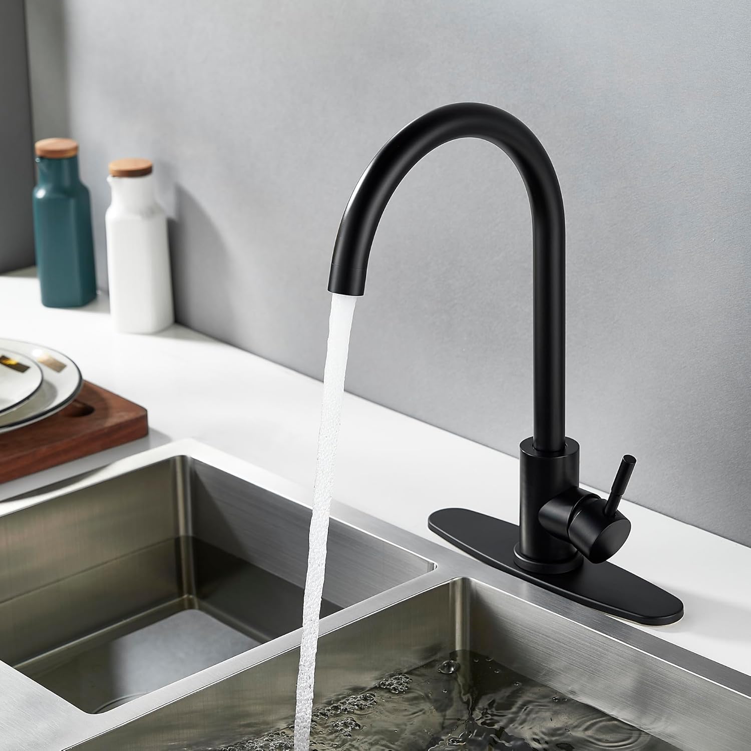 Single Handle High Arc Matte Black Kitchen Faucet Stainless Steel Commercial Single Hole Kitchen Sink Faucet, Modern One Hole Bar Sink Faucet with Deck Plate - Image 7