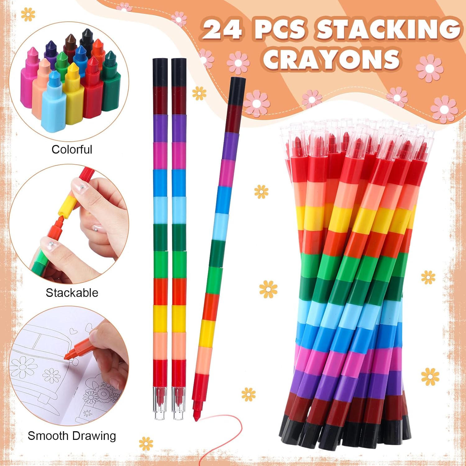 Funrous 24 Pcs Hippie Boho Coloring Books with 24 Stacking Crayons Set Stay Groovy Mini Coloring Book Peace Sign Vibe Bus Daisy Rainbow Activity Gifts for Groovy Birthday Party Supplies Decorations