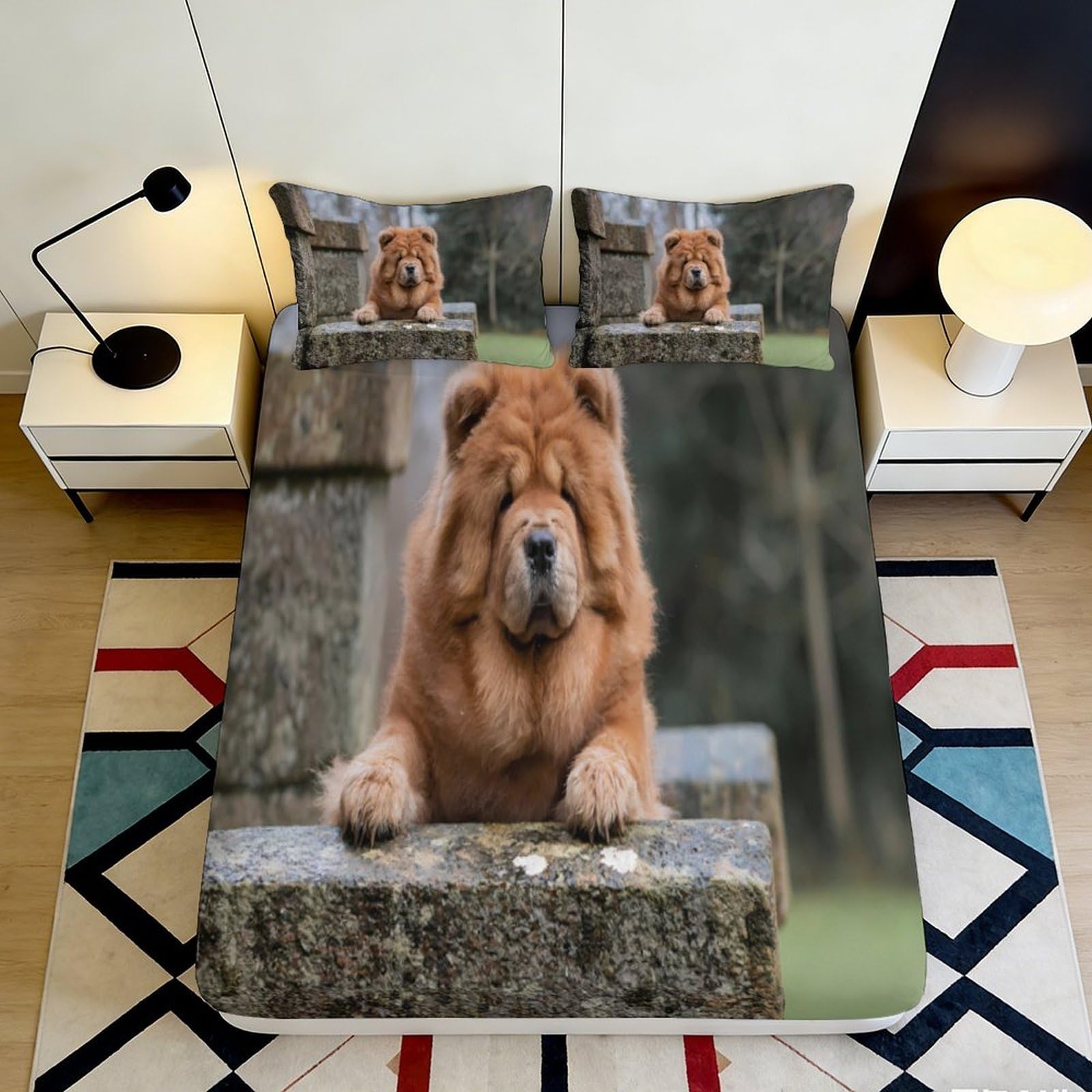 3D Printed Chow Chow Dog Fitted Sheet Microfiber Brown Animal Bed Cover for Bedroom Dorm Mattress Protection Decor 140x200x25cm