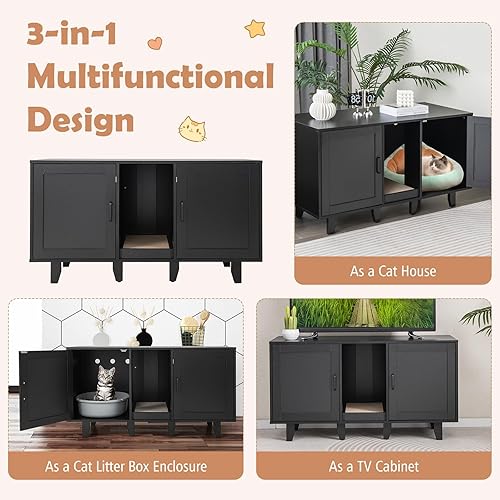 Miniatura 9 de PETSITE Caja de arena para 2 cajas de arena, mesa auxiliar oculta para baño de gatos con 2 gabinetes, tabla de rascar, muebles de arena para gatos