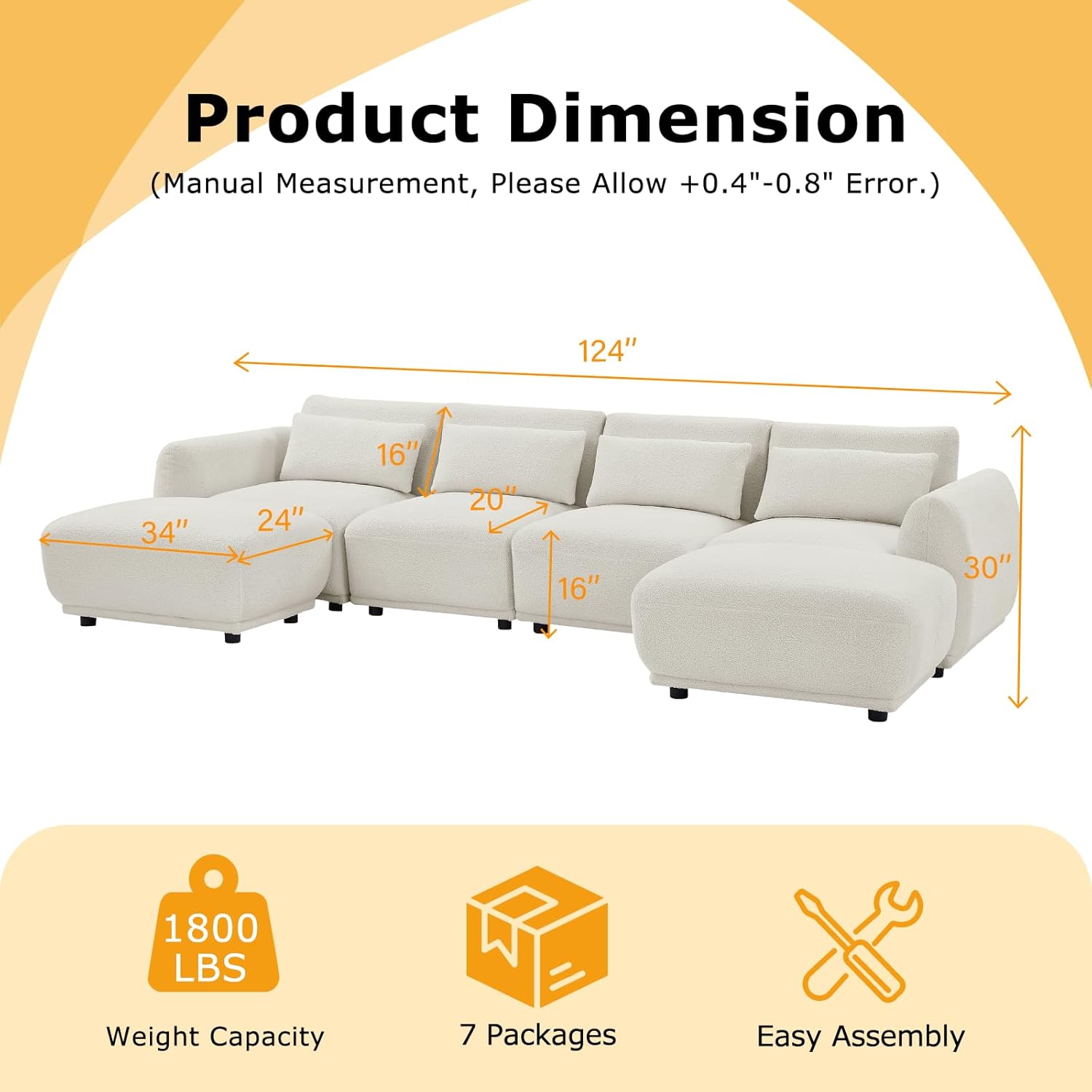 Boucle Sectional Couches for Living Room,Comfy Upholstered Modular Sectional Sofa,U Shaped Couch,L Shape Sofa with Removable Ottoman.(4Seats&2Ottoman-Beige White)