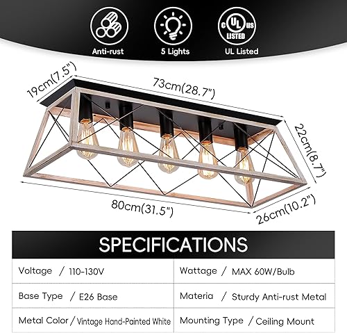 Miniatura 4 de Lámpara de techo grande de 31.5 pulgadas, diseño de jaula de metal en forma de X, regulable con 5 luces cerca del techo, estilo rústico y industrial