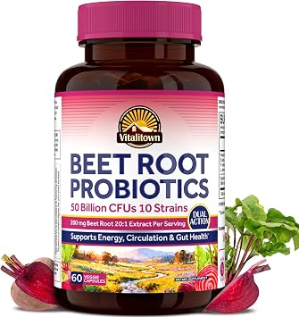 Vitalitown Organic Beet Root Capsules with Probiotics, 200 mg Organic Beet Root, 50 Billion CFU 10 Strains, Energy, Heart Health, Circulation, Digestion, 60 Veg Caps