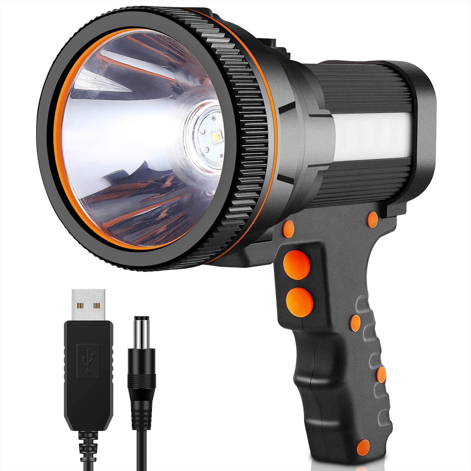 Eornmor Super Bright Portable Large Rechargeable Spotlight 7000 Lumen 9000mAh Waterproof Outdoor Handheld Flashlight High Lumens 6 Mode Battery Powered Searchlight Marine Boat Light (Black)