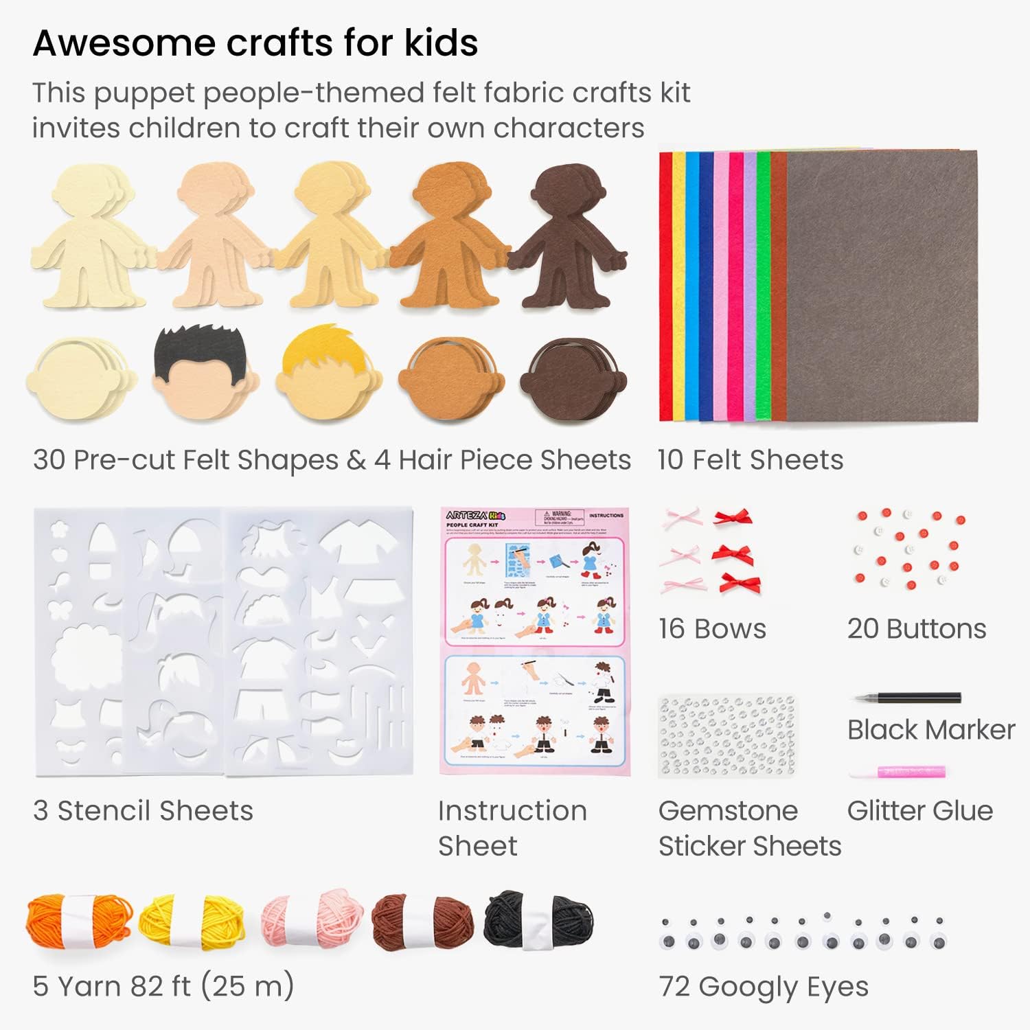 Arteza Kids Felt Kit, 272 Pieces, 30 Pre-Cut Puppet & People Shapes, 10 Felt Sheets, 3 Stencil Sheets, and Accessories, Educational Kids’ Craft Supplies to Inspire Creativity : Toys & Games