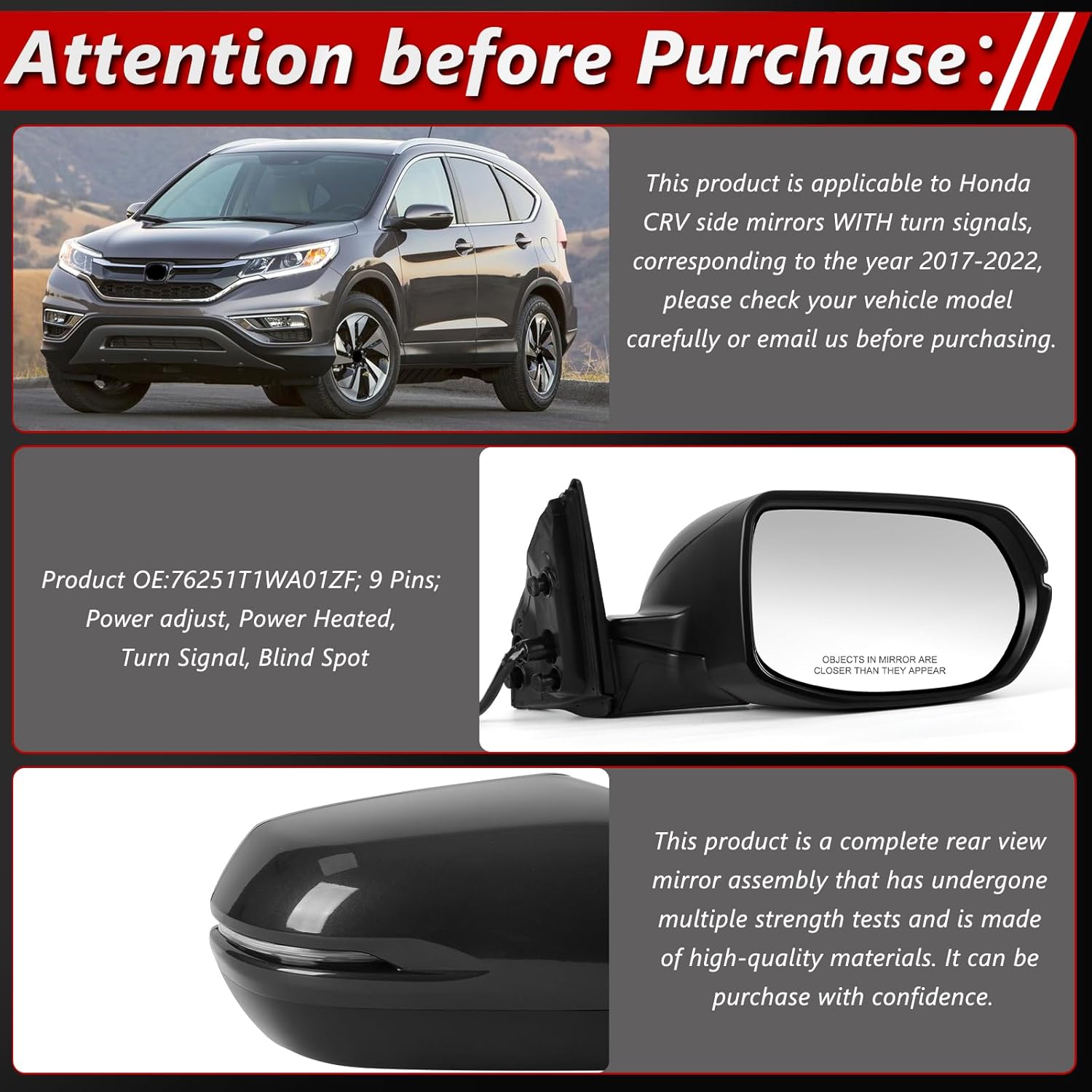 NH-797M Gray Right Passenger Side Door Mirror Assembly Replace for 2017-2022 Honda CRV EX, EX-L, with Power Glass Adjustment, Heated Mirror Glass, Turn Signal, Blind Spot, 9 Pins, OE: 76251T1WA01ZF